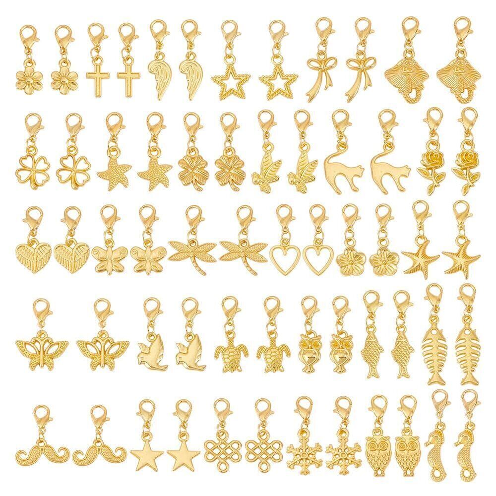 9628 60Pcs 30 Styles Clip on Charm Pendants 22.5-35.5mm Golden Dangle